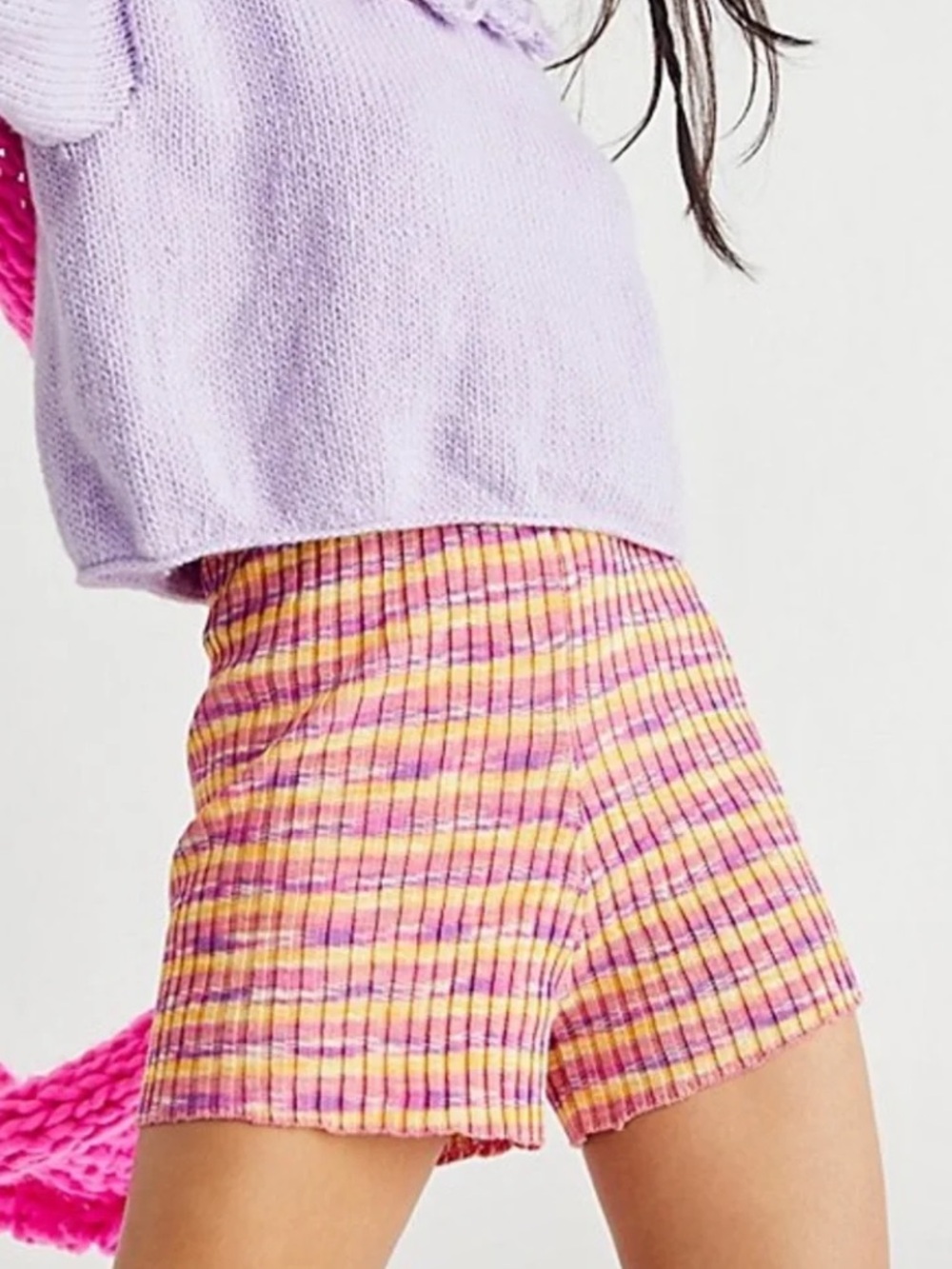 (M) Free People Aquarius Ribbed Knit Shorts Poppy Fields Yellow Pink Medium